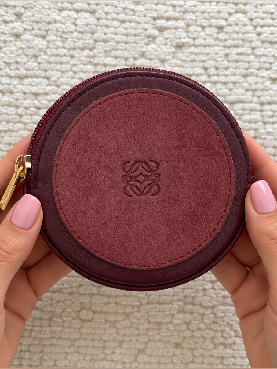 Authentic Vintage Loewe Round Burgundy Suede Leather Coin Pouch